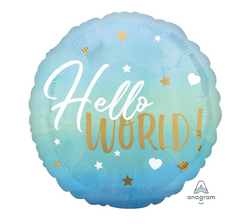 'hello world' Blue helium balloon