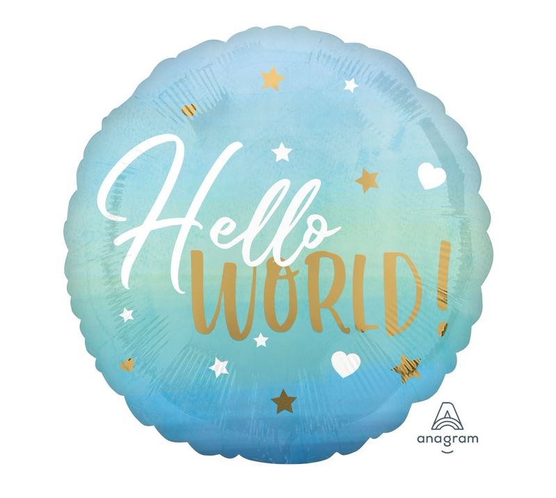 'hello world' Blue helium balloon