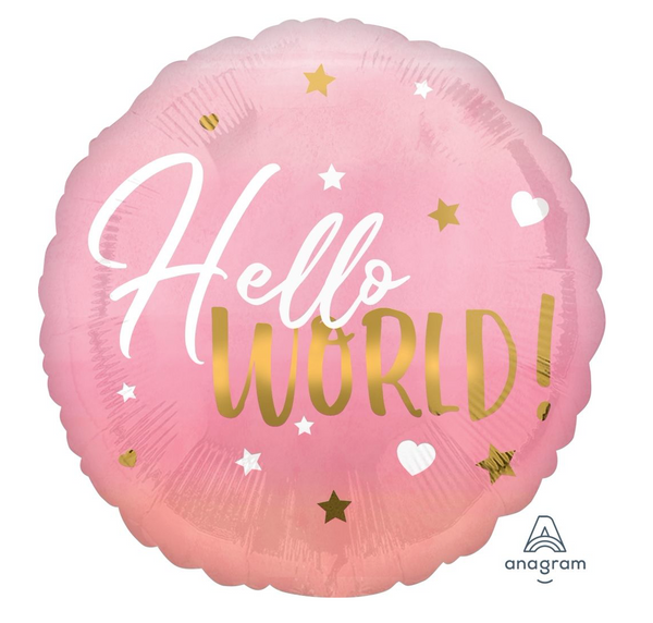 'hello world' pink helium balloon